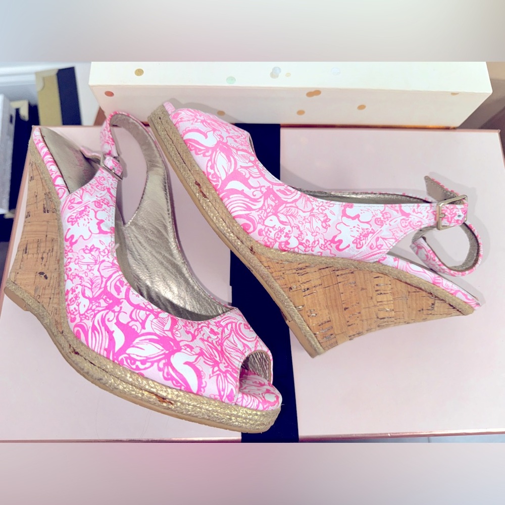 Lilly Pulitzer shoes, women’s size 8.5, platform heels, wedges, pink and white